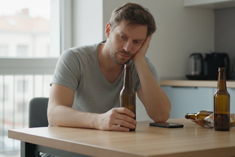 Чрезмерное употребление алкоголя Мужчина сидит на кухне и пьёт пиво