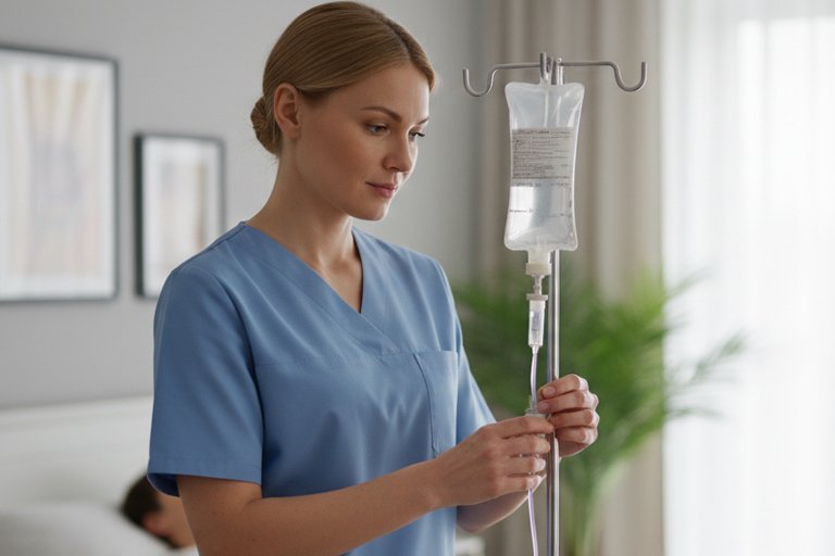 Эффективная капельница на дому Медсестра настраивает капельницу у пациента дома