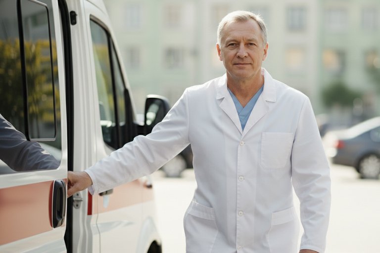 Экстренная помощь Врач выходит из машины скорой помощи